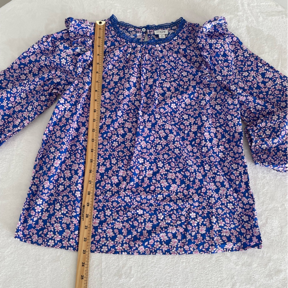 J. Crew Size S Liberty Long-Sleeve Ruffle-Shoulder Top Lace Neckline Pintucked - Picture 16 of 17